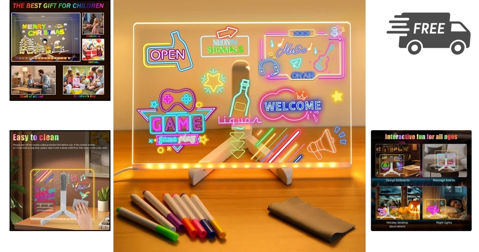 LED Note Board with Colors Light Up Acrylic Dry Erase Board for Kids and Office - Image 2 of 4