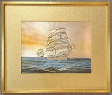 Vintage DUFEX FOIL Art Print "Ships at Sea" Hitchin Herts, England Framed 10x12"
