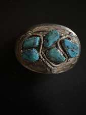 Vintage EFFIE C ZUNI Silver Belt Buckle Turquoise Stones - Signed -72.29 Grams
