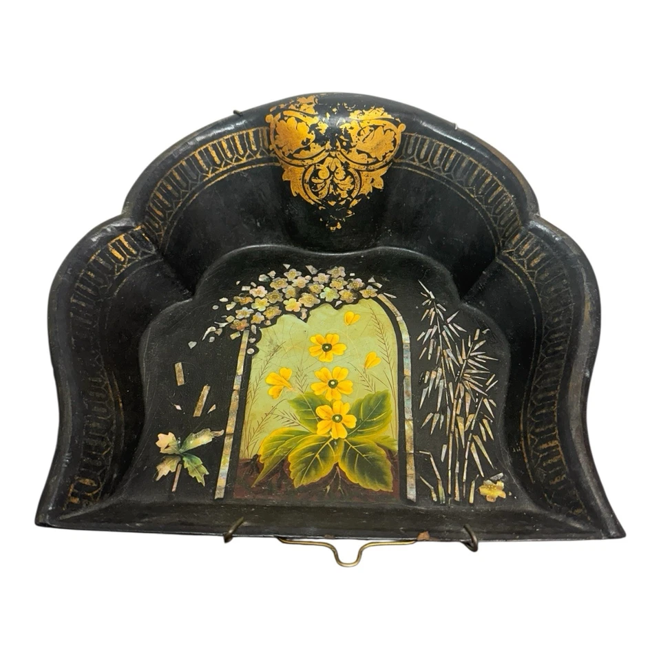Antique Victorian Crumber Tray - Hand Painted Floral & Gilt - Wall Display - Image 2 of 4