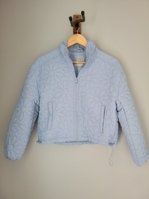 Floral Quilted Puffer Lightweight Jacket Cropped Size XS Love Tree Light Blue