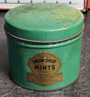 Snow Drop Mints Tin Can Whitman & Co Philadelphia PA Early Labeled Green Vintage