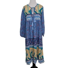 R Vivimos Floral Peacock Midi Dress Womens Size Small Boho Tassel Long Sleeve