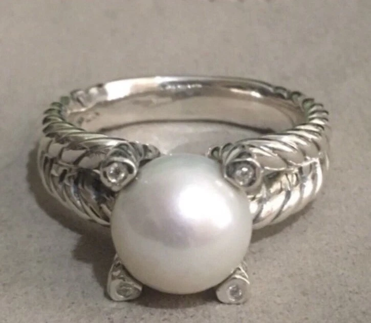 Anillo de plata David Yurman 9,5-10 mm perlas diamantes cable clásico talla 9,5 Foto 2 de 4