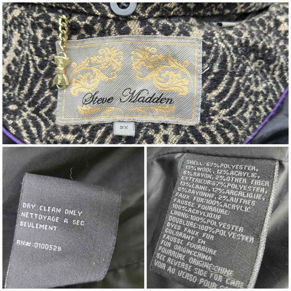 Steve Madden шерстяная смесь пальто ретро гобелен парчи съемный искусственного меха воротник 2XL - Изображение 3 из 4