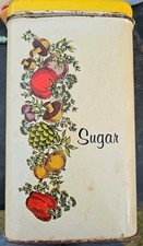 Vintage Cheinco Sugar Tin Canister Mushroom Veggies 1970s Boho Storage USA Made