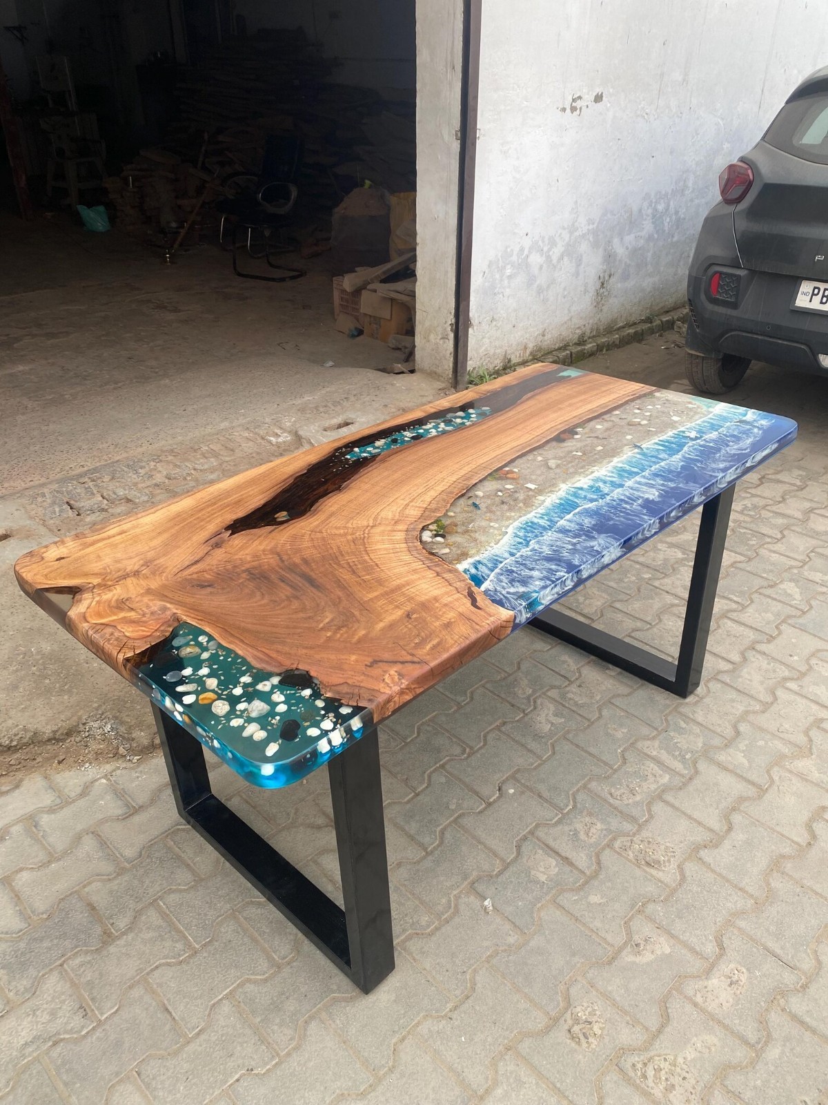 Blue Epoxy Resin River Table with Natural Wood Handmade Furniture