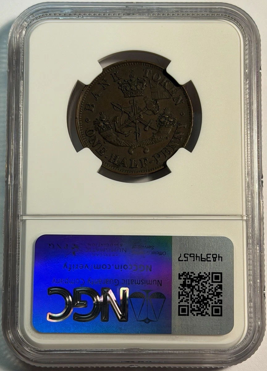 1854 Bank of Upper Canada 1/2 Penny Token, PC-5C1, Plain 4 - NGC AU58 BN