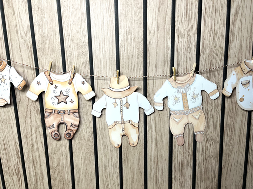 Cowboy Baby Shower Bunting Washing Line Style With Mini Wooden Pegs Boy or Girl - Picture 4 of 19