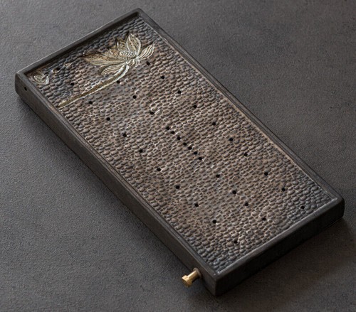 Lotus Engraved Rectangle Tea Tray Water Draining Reservoir Serving Tray Ceramic - Picture 10 of 12