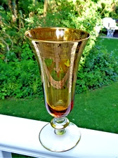 Interglass Italy 24K Gold Encrusted Honey Amber Crystal Champagne Flute Goblet