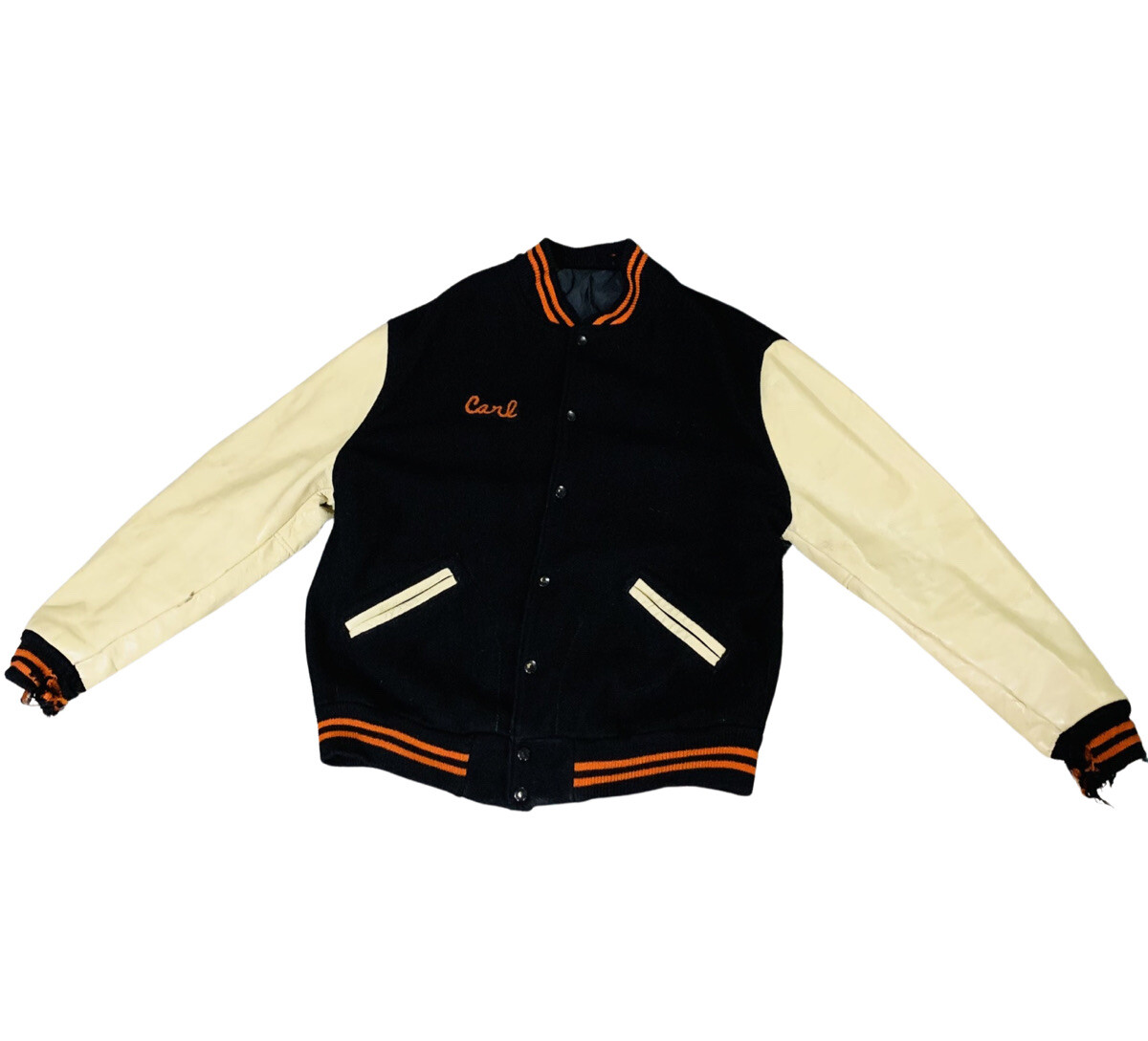 Vintage Distressed White Leather Black Wool Varsity Jacket Vintage Distressed White Leather Black Wool Varsity Jacket