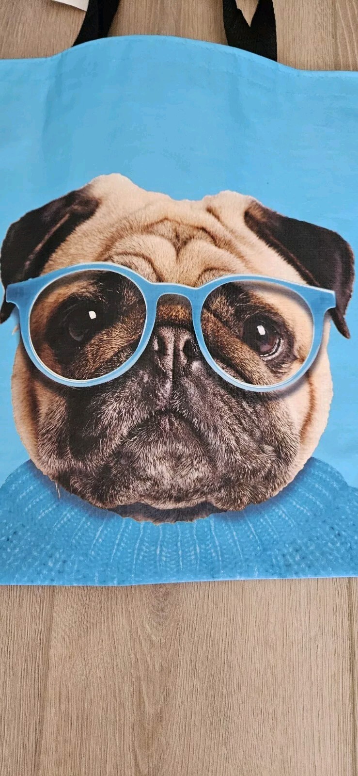 PUG wearing Glasses Blue Home Goods Dog Durable Reusable Grocery Shopping Bag
