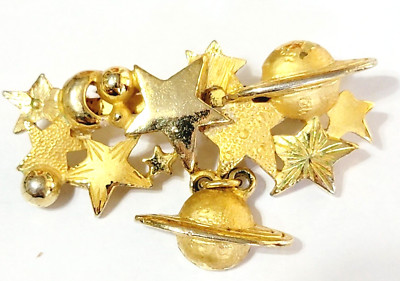 Vintage Torino Celestial Brooch Pin Stars Planets Gold-tone Designer go-34