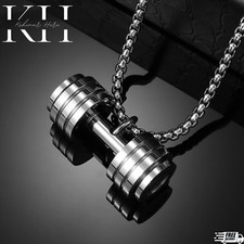 Mens Stainless Steel Barbell Gym Weight Lifting Dumbbell Necklace Pendant