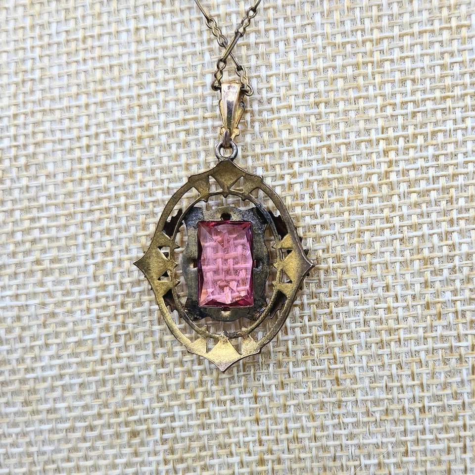 Collar colgante Estate Art Nouveau eduardiano GF pasta de vidrio rosa ornamentado 16" Foto 3 de 4