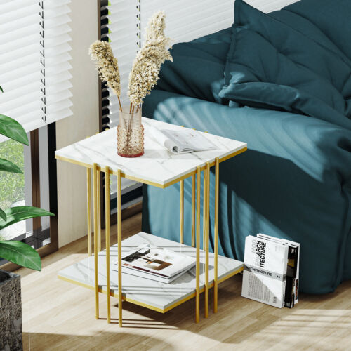 2 Tier Modern Marble Coffee Table Side End Table Sofa Corner Side Bookshelf - Picture 8 of 12