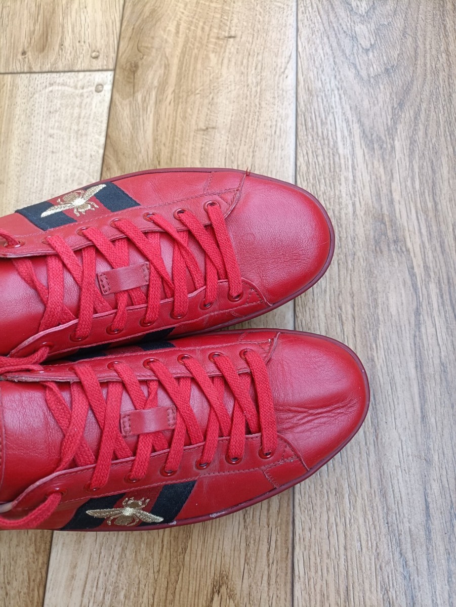 GUCCI ACE BEE RED MEN LEATHER SNEAKERS SIZE 42 EU, 9 US, 8.5 GUCCI ACE BEE RED MEN LEATHER SNEAKERS SIZE 42 EU, 9 US, 8.5