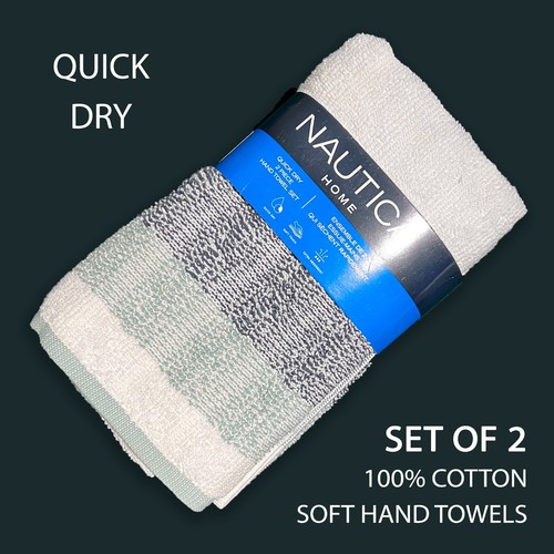 SET OF 2 NAUTICA HOME Hand Towels Lake Blue Striped Colorblock - Picture 2 of 9