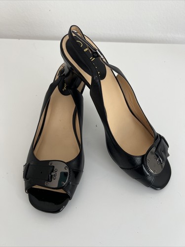 New $135 Cole Haan Air Ivette Sling Back Peep Buckle Black Leather Heels 8.5 SB