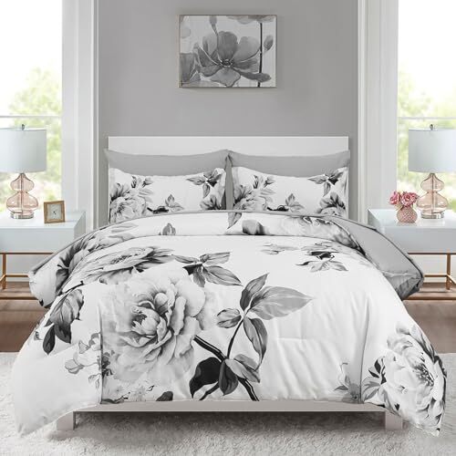 Floral Comforter Set 7 Pieces Bed in a Bag Botanical Floral Queen Grey