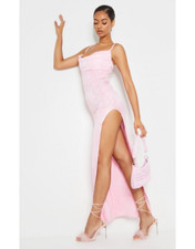 PRETTYLITTLETHING BLUSH FLORAL DEVORE STRAPPY COWL NECK MAXI DRESS PINK UK 14