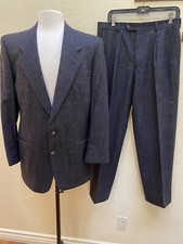 Tallia Italy Men  s Wool Flannel Gray  Blue Plaid Suit Jacket 40R Pants 34 31