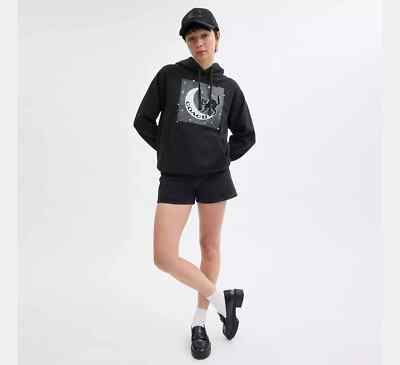 COACH Black Cat Moon Signature Square Hoodie Women Extra Small XS Halloween  NEW
