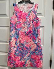 Lilly Pulitzer girls size 14 classic shift dress pink/blue coral print lace trim