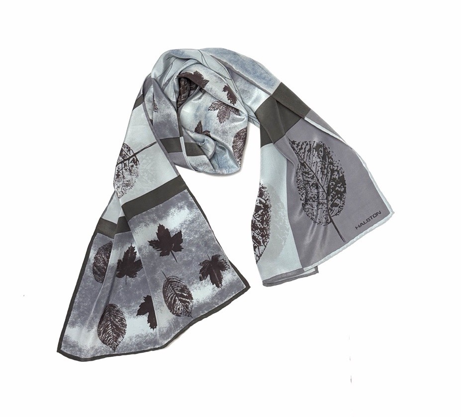 Halston Gray Silk Rectangle Scarf Tree Leaves Pri… - image 1