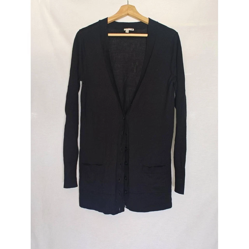 Cárdigan Halógeno Botón Frontal Negro Larga Línea Lana Merino Relajado Ligero L Foto 2 de 4