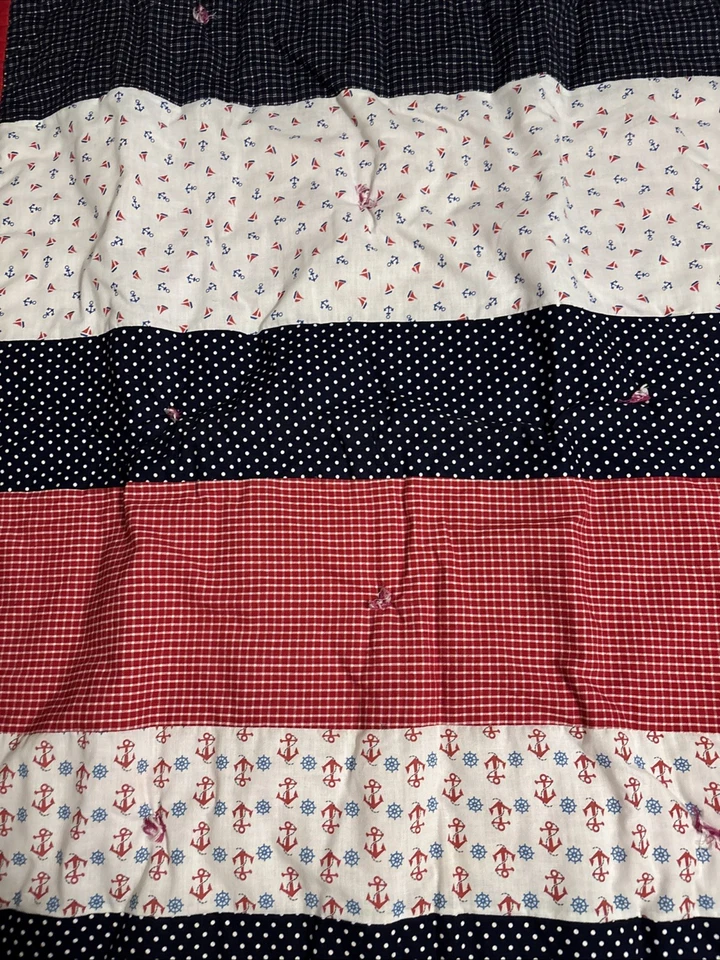 Handnade Quilted Baby Blanket Cotton Poly-Blend Red White Navy 34” X 42” Used - Image 3 of 4