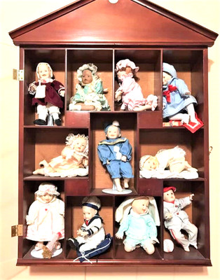 Yolanda Bello 11x Vintage Porcelain DOLL Hand Painted Doll Wood Display Cabinet