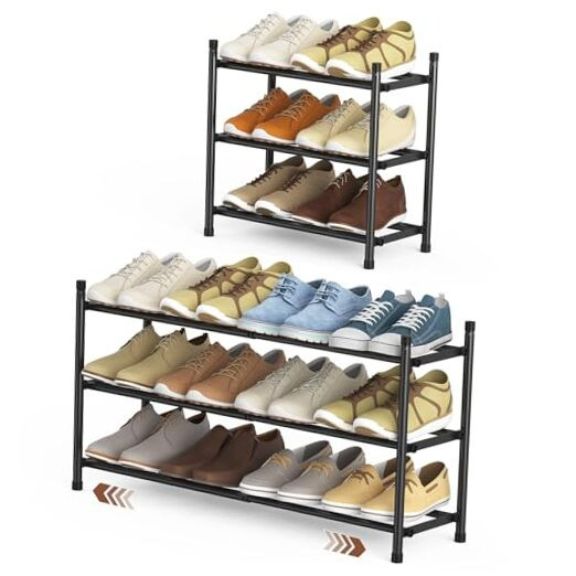 Expandable 3-Tier Stackable Shoe Rack for Closet in Black