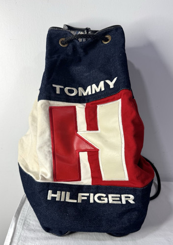 Tommy Hilfiger Vintage Backpack Drawstring Bag Large Spell Out Denim - Picture 1 of 5
