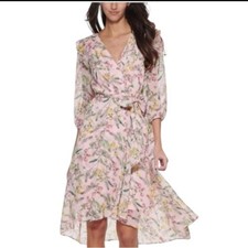 NWOT Tommy Hilfiger Women's Balloon Sleeve Floral Faux Wrap Dress Twee Easter