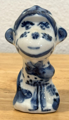 Vintage Rare HTF Gzhel Porcelain Russian Monkey Blue and White 3.25'' Figurine