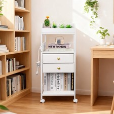 3-Tier Rolling Cart with USB Port  Drawer, White Metal Organizer with Wood Top
