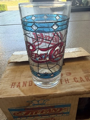 New Vintage Pepsi Cola 1970's Tiffany Style Glasses Stained Glass Set of 6 Box