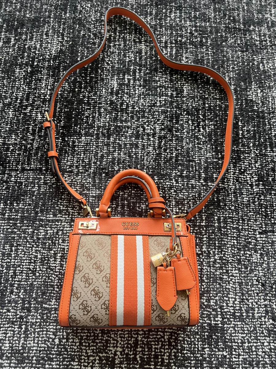 .com: GUESS Katey Luxury Satchel, Latte Logo/Orange : Clothing, Shoes  & Jewelry