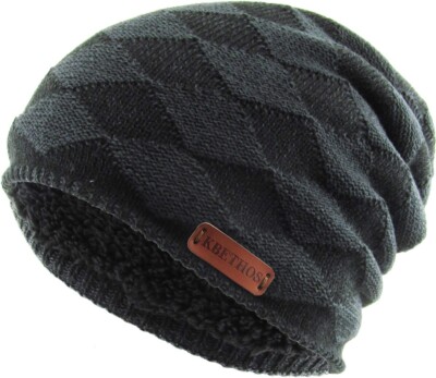 KB ETHOS Diamond Knit Slouch Sherpa Fleece Lined Black Winter Hat Beanie Toque