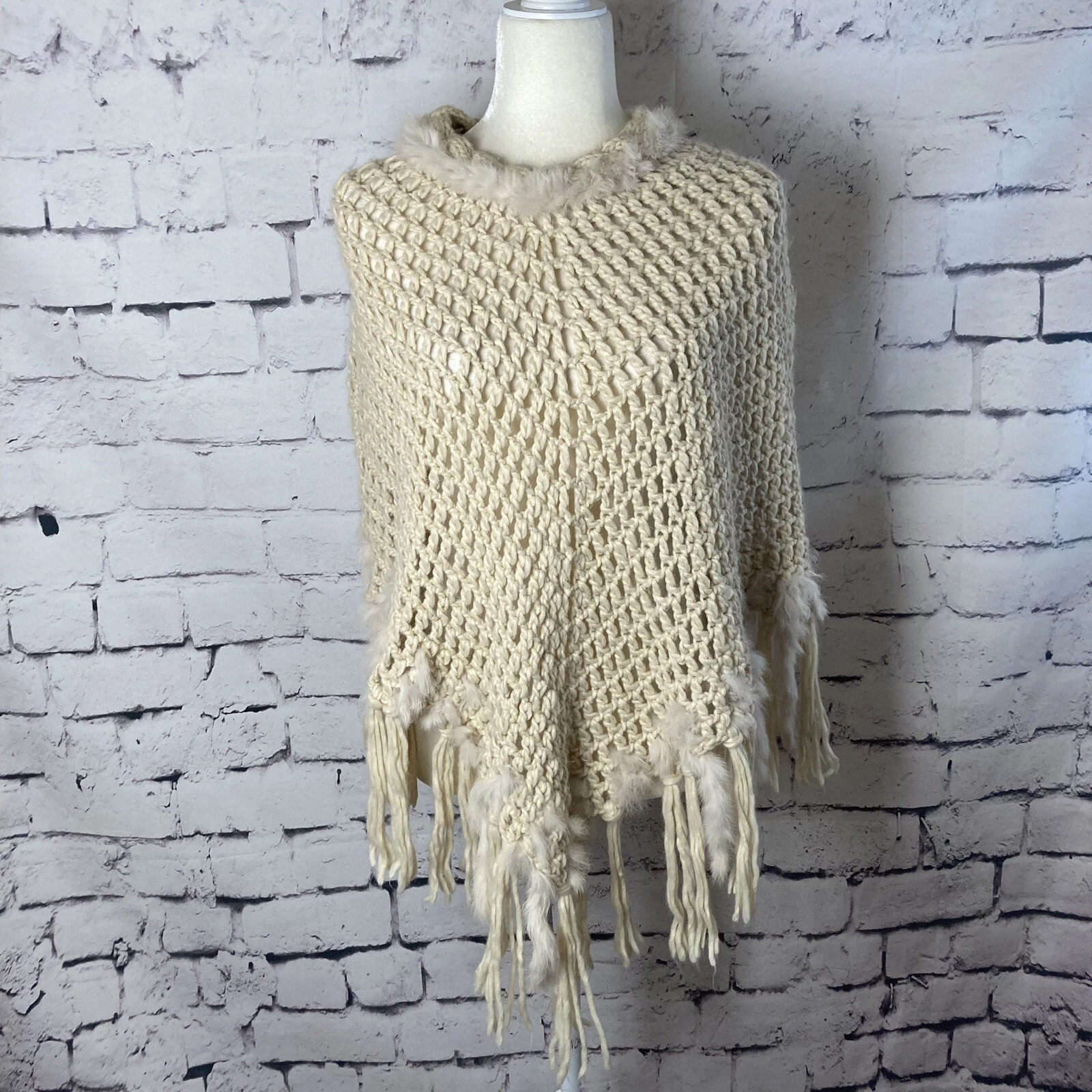 Kenneth Cole Reaction Poncho Boho Open Knit Rabbit Tails Beige Pullover One Size