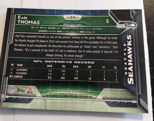 Earl Thomas 2015 Topps Chrom Karte Seattle Seahawks Baltimore Ravens NFL - Bild 4 von 9
