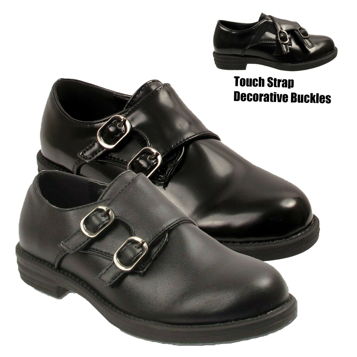 Girls School Shoes Kids Black Monk Loafers Touch Strap Back to School Sizes