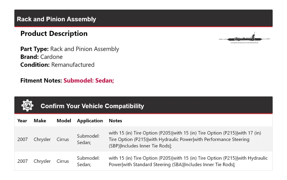 Conjunto de cremallera y piñón cardone para Chrysler Cirrus 2007 sedán Foto 2 de 4