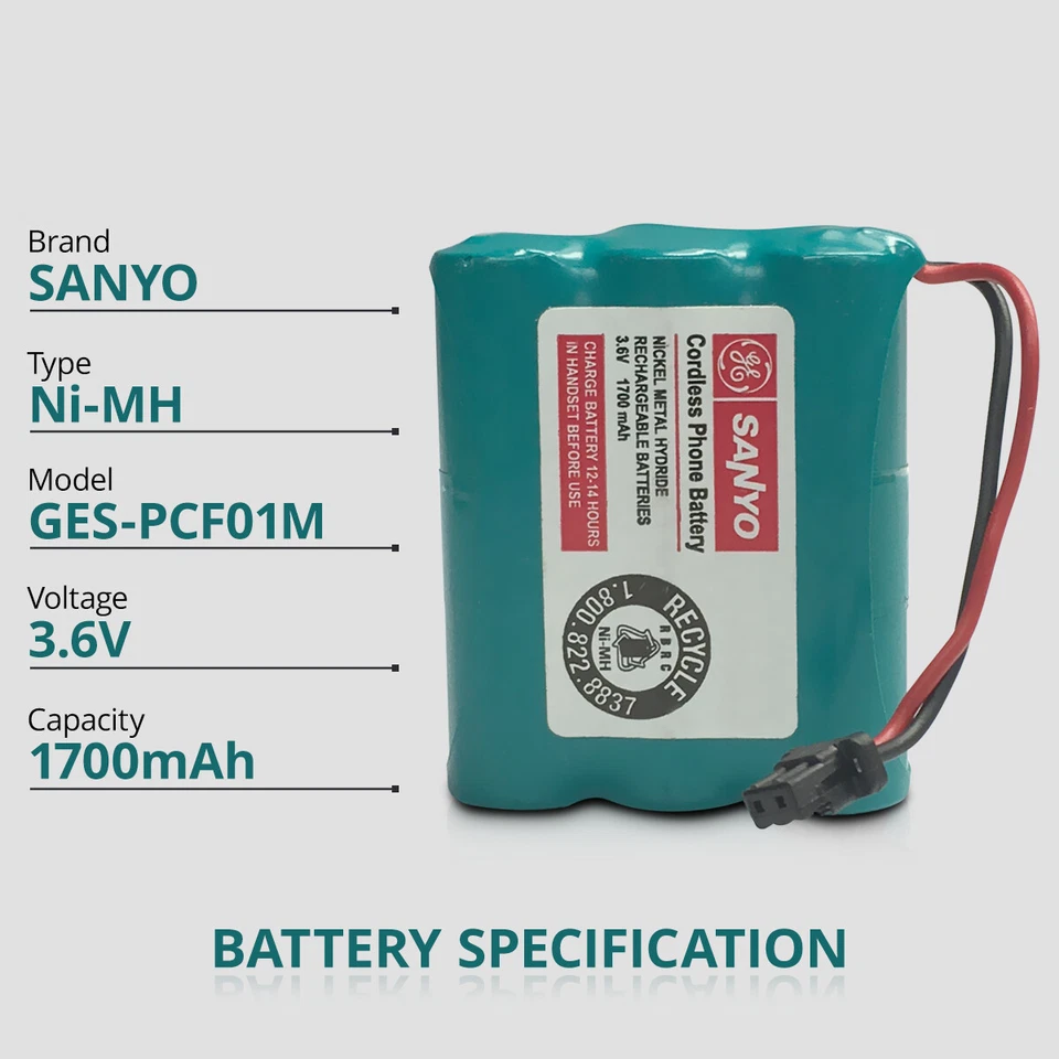GE Sanyo GES-PCF02M Rechargeable Battery for Cordless Phone Ni-MH 1700mAh 3.6V - Image 4 of 4