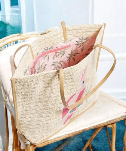 Vera Bradley Straw Tote Lt Natural Straw Pink Embroidered Parrot Beach Bag NWoT - Picture 4 of 11