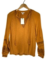 LUCKY BRAND Blouse Sz XS Mustard Yellow Embroidered Peasant Sleeve Cotton Blend