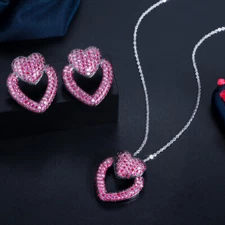 Romantic Rose Red Double Heart CZ Necklace Earrings Women Costume Jewelry Set