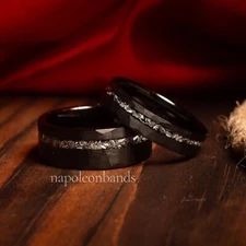 Black Meteorite Couple Wedding Bands, Wedding Ring Set, Real Meteorite Ring